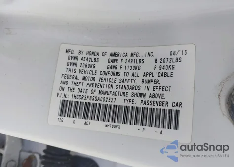 2016 Honda Accord Ex-L V-6 из США, поврежденный, VIN 1HGCR3F85GA002527